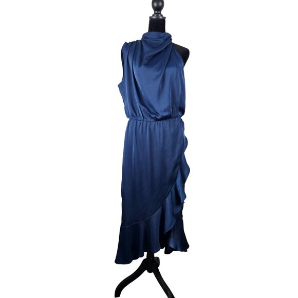 Kirundo Womens Sleeveless Navy Blue Ruffle Wrap Midi Dress Size Large Party - Picture 4 of 12